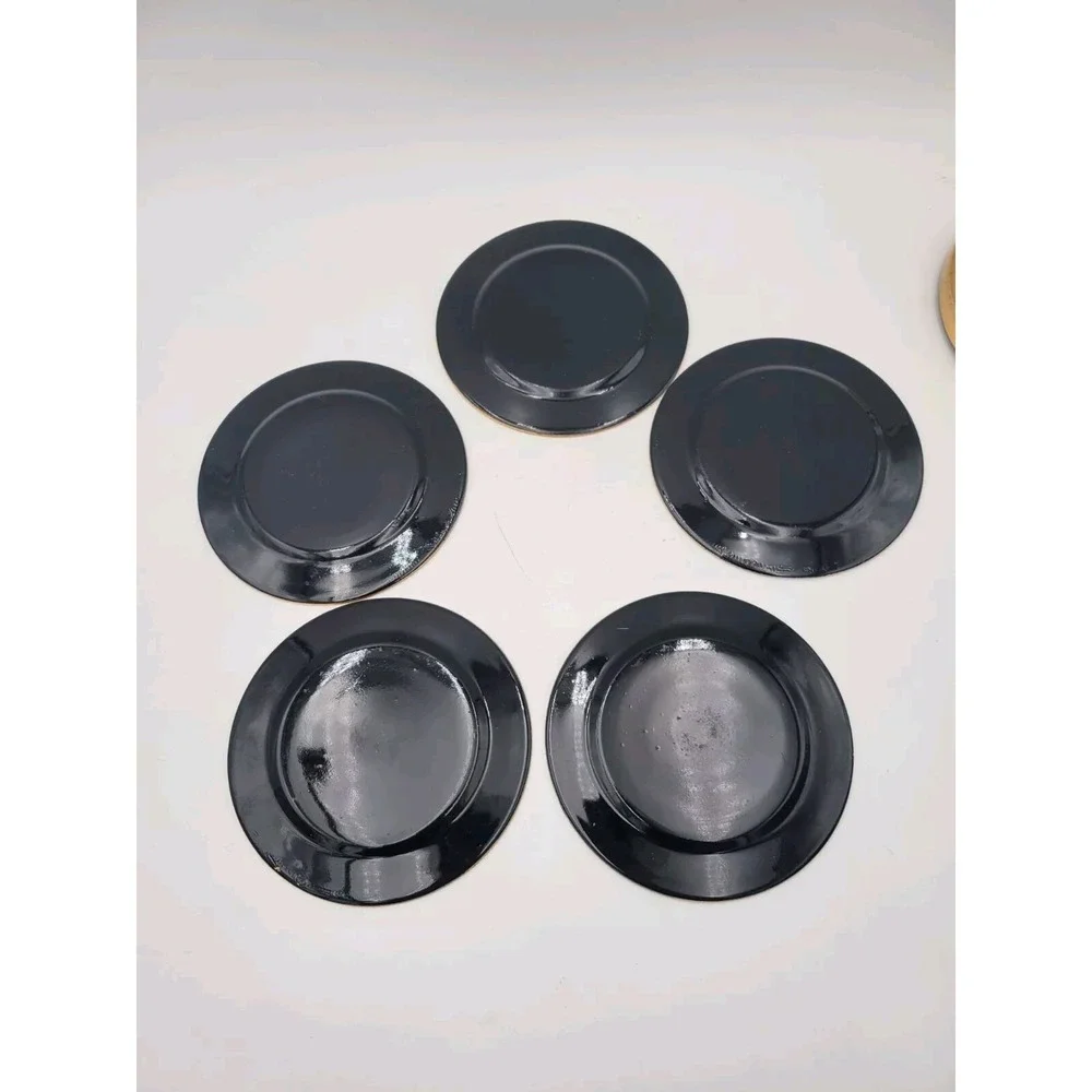 Vintage Gold & Black Lacquerware 5 Appetizer Snack‎ Plates In Holder